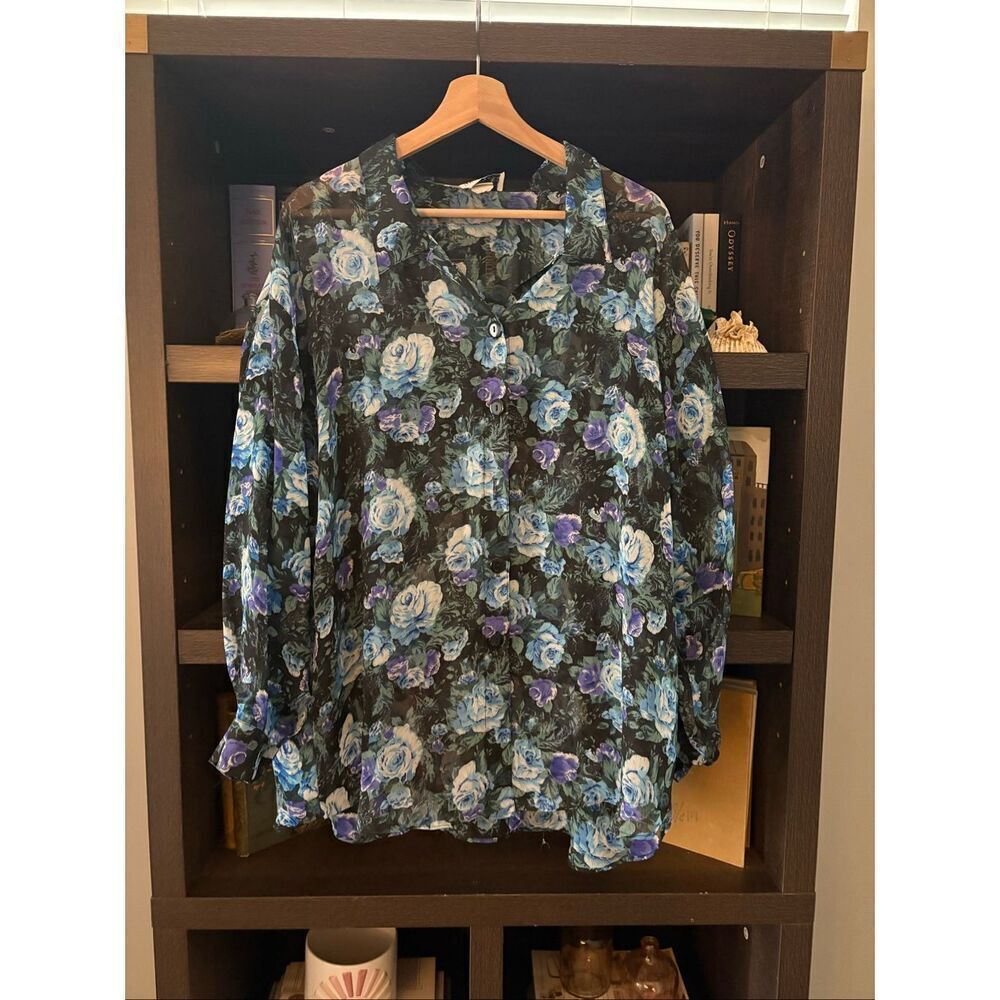 New Star USA Sheer Black & Blue Floral Blouse Size Large